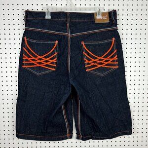 Evolution in Design Baggy Jean Shorts Sz 38 Blue Orange Jorts Wide Leg Skate Y2K